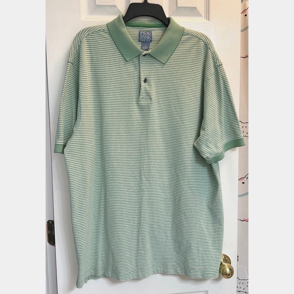 Jos. A. Bank Stays Cool Mens XL Green White Striped Cotton Blend Polo Shirt